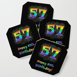 [ Thumbnail: 57th Birthday - Fun Rainbow Spectrum Gradient Pattern Text, Bursting Fireworks Inspired Background Coaster ]