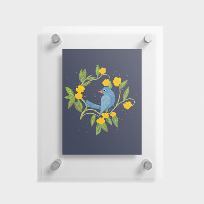 Blue birds on tree branches with yellow flowers seamless pattern Floating Acrylic Print