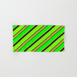 [ Thumbnail: Lime, Coral, Green, and Black Colored Lined Pattern Hand & Bath Towel ]
