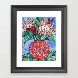 Protea Bouquet in Red Bulb vase on Ultramarine Blue Floral Still Life Painting Framed Art Print