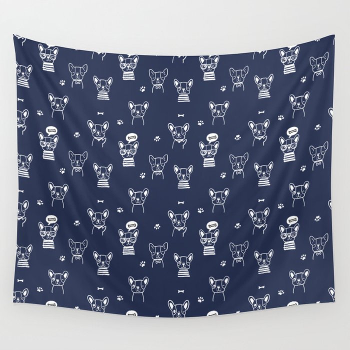 Navy Blue and White Hand Drawn Dog Puppy Pattern Wall Tapestry