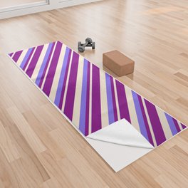 [ Thumbnail: Medium Slate Blue, Beige & Purple Colored Stripes/Lines Pattern Yoga Towel ]