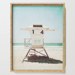Lifeguard Stand, Beach Photography, San Diego California, Blue Aqua Seashore Ocean Summer Art Serving Tray