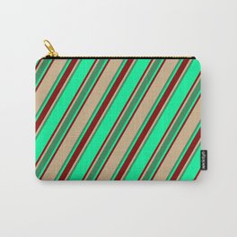 [ Thumbnail: Green, Maroon, Tan & Sea Green Colored Lined/Striped Pattern Carry-All Pouch ]