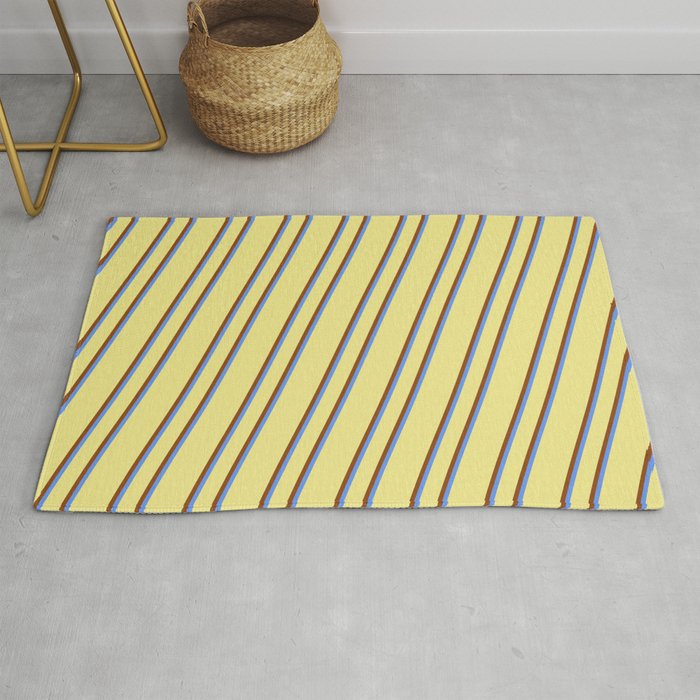 Tan, Brown, and Cornflower Blue Colored Striped/Lined Pattern Rug