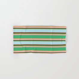 [ Thumbnail: Sea Green, Light Salmon, Powder Blue, and Brown Colored Striped/Lined Pattern Hand & Bath Towel ]
