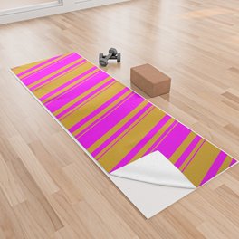 [ Thumbnail: Goldenrod and Fuchsia Colored Lined/Striped Pattern Yoga Towel ]