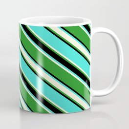 [ Thumbnail: Turquoise, Beige, Forest Green, and Black Colored Lined Pattern Coffee Mug ]