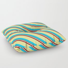 [ Thumbnail: Vibrant Maroon, Tan, Deep Sky Blue, Sienna & White Colored Striped/Lined Pattern Floor Pillow ]