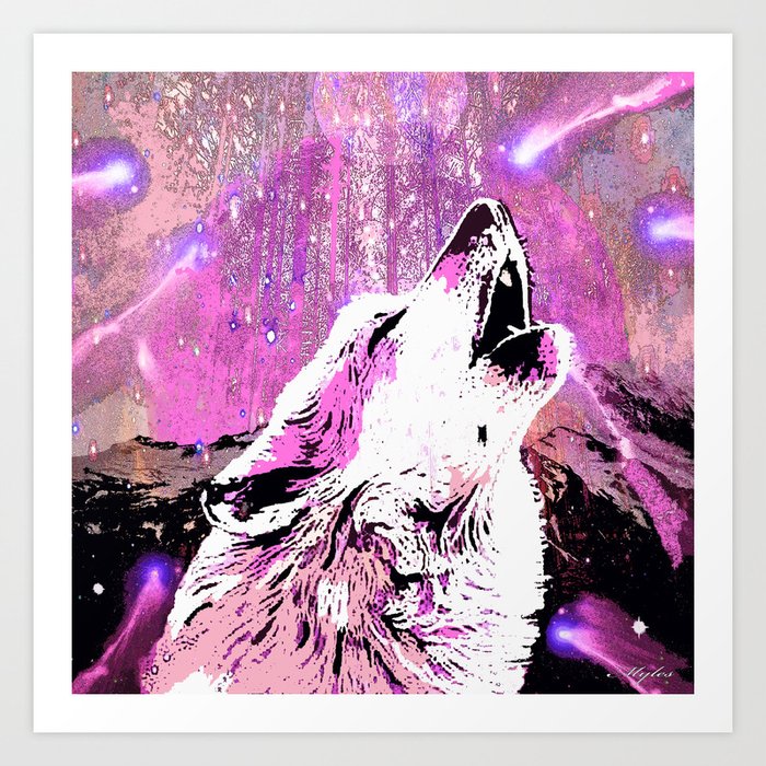 wolf pink moon shooting stars art print by saundramyles