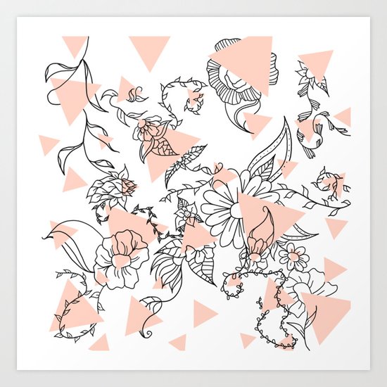 Modern hand drawn floral black illustration abstract blush pink geometric triangles Art Print