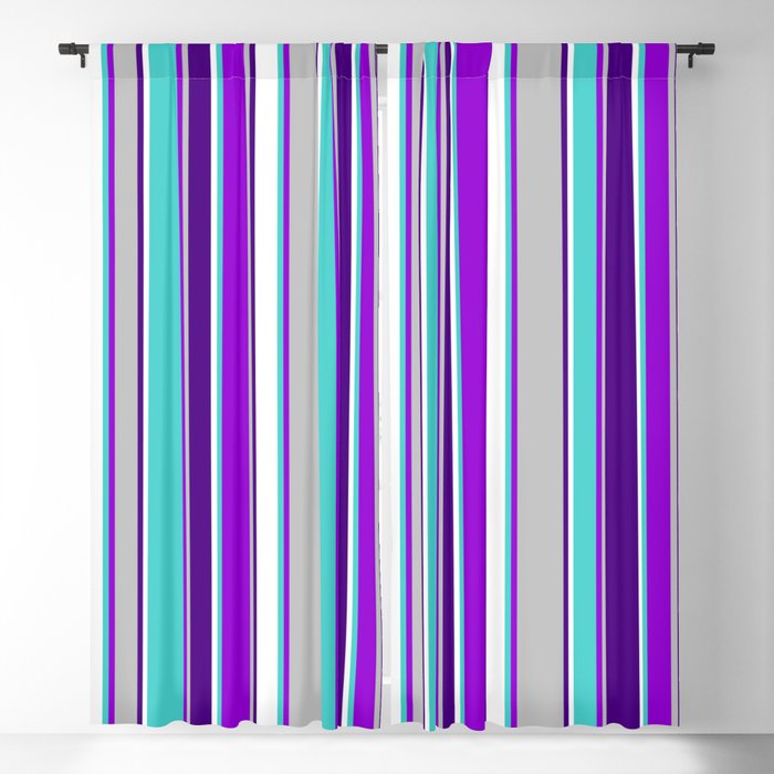 Eyecatching Turquoise, Dark Violet, Grey, Indigo, and White Colored Pattern of Stripes Blackout Curtain