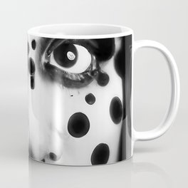 Black and White Closeup of Woman with Polkadot Abstract Facepaint Coffee Mug
