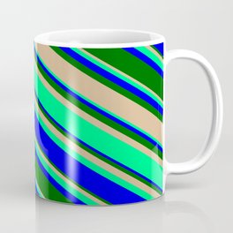 [ Thumbnail: Tan, Green, Blue, and Dark Green Colored Lines/Stripes Pattern Coffee Mug ]