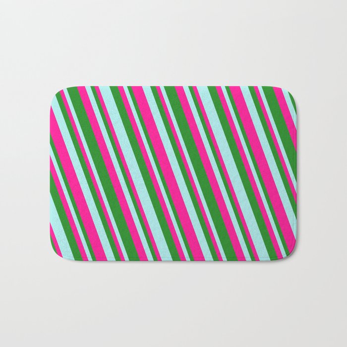 Turquoise, Deep Pink, and Forest Green Colored Pattern of Stripes Bath Mat