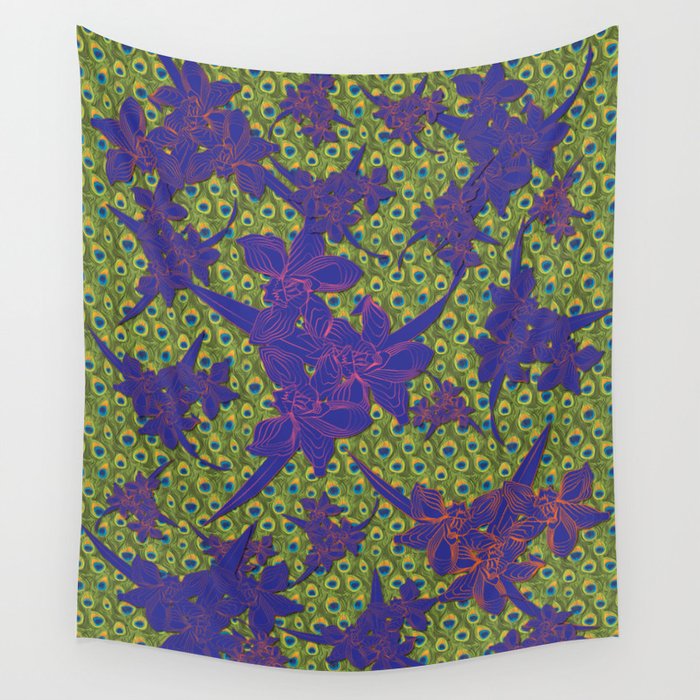 Detailed Indigo Peacock Flower Drawing Pattern Home Goods Art