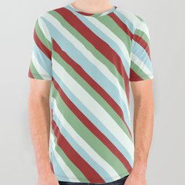 [ Thumbnail: Mint Cream, Powder Blue, Brown, and Dark Sea Green Colored Striped Pattern All Over Graphic Tee ]