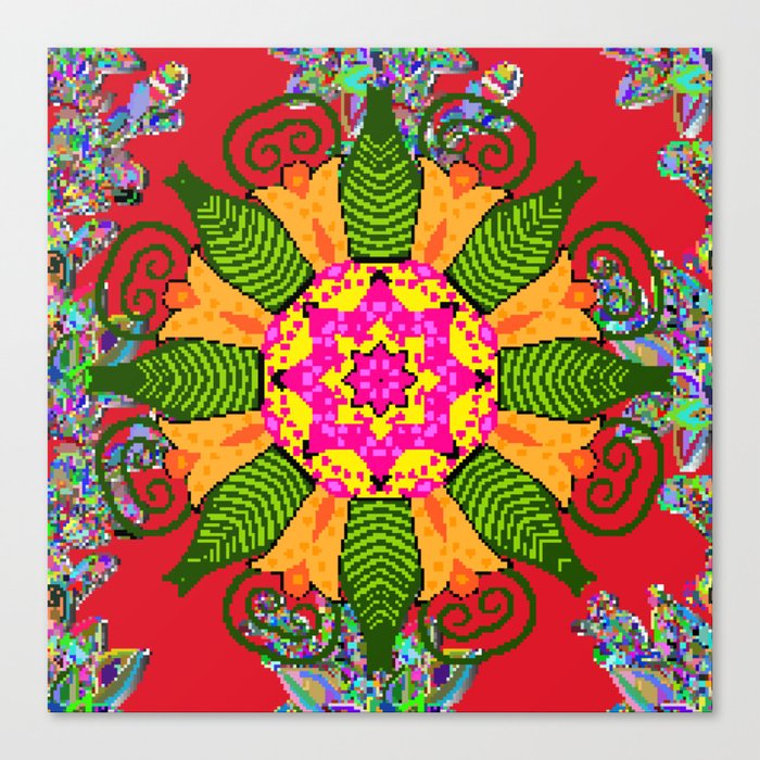 Colored round floral mandala on a red, green and yellow colors. Vintage illustration.  Canvas Print