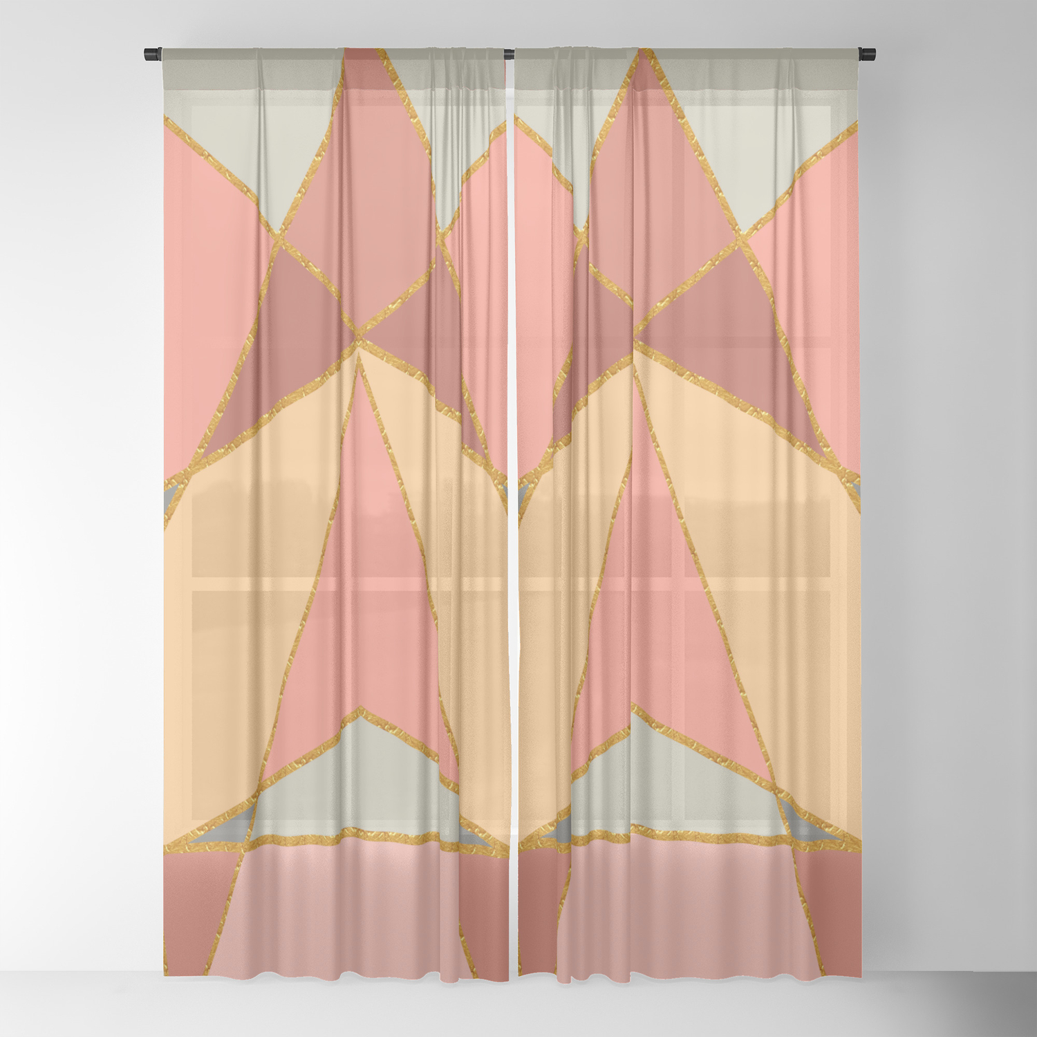 Rose Peach And Grey With Gold Trim Geo Sheer Curtain By