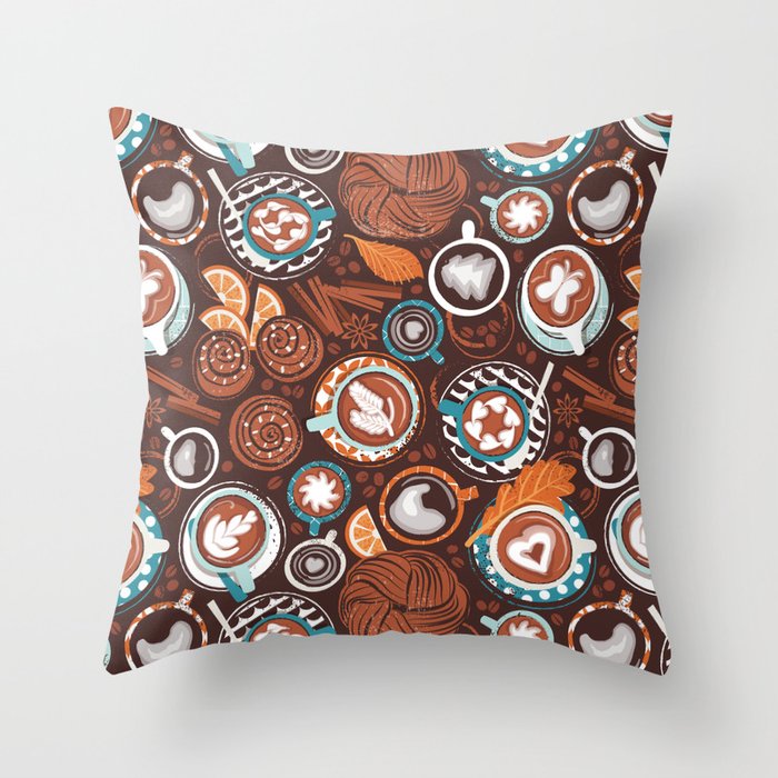 Love hugs in coffee mugs // expresso brown background lagoon orange and aqua cups and plates autumn leaves delicious cinnamon buns and cakes coffee stains and beans Throw Pillow