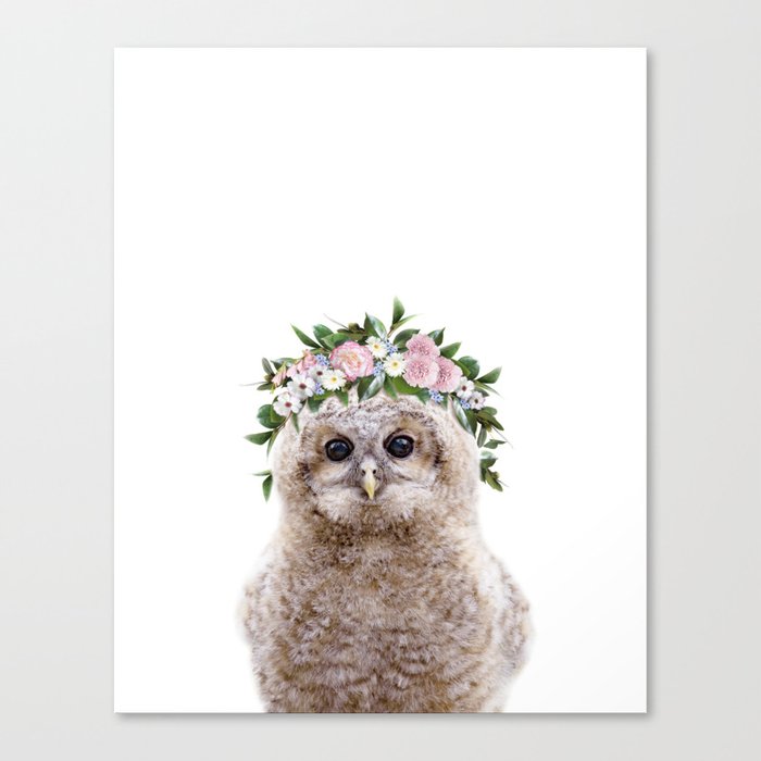 Baby Owl with Flower Crown, Baby Girl, Pink Nursery, Baby Animals Art Print by Synplus Canvas Print