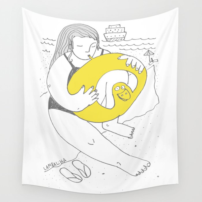 Girl inflating a swim ring Wall Tapestry
