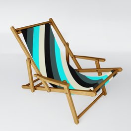 [ Thumbnail: Dark Slate Gray, Cyan, Beige, and Black Colored Lines Pattern Sling Chair ]