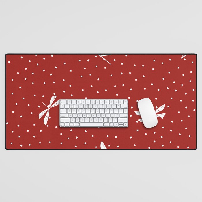 White Dragonfly Christmas seamless pattern and Snow White Confetti on Red Background Desk Mat