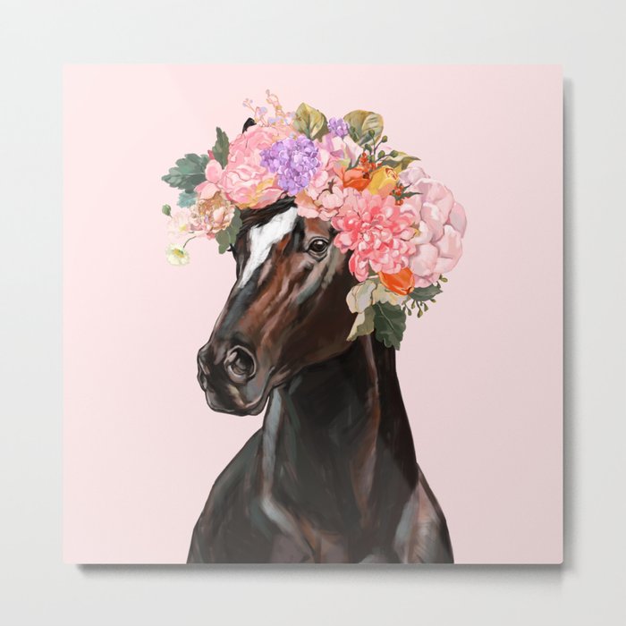 Horse with Flowers Crown in Pink Metal Print