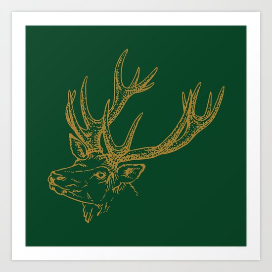 Deer Green Gold Art Print
