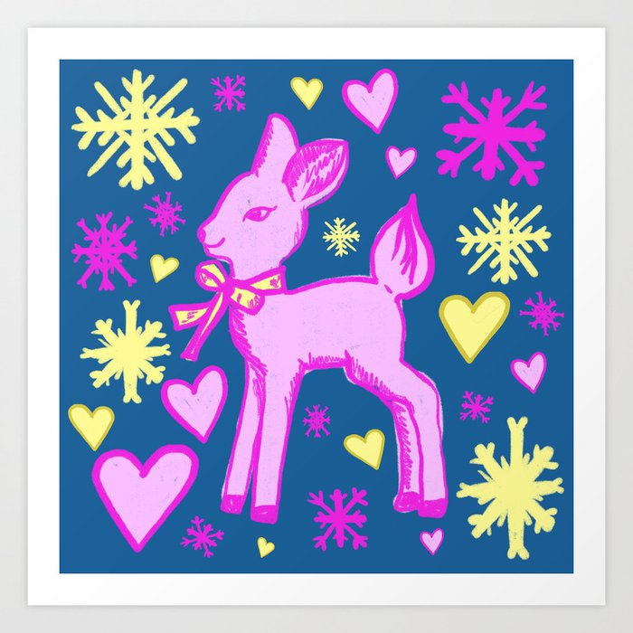 Magenta Pink Baby Deer with Hearts and Snowflakes Art Print