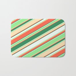 [ Thumbnail: Colorful Red, Sea Green, Mint Cream, Light Green & Beige Colored Lined/Striped Pattern Bath Mat ]