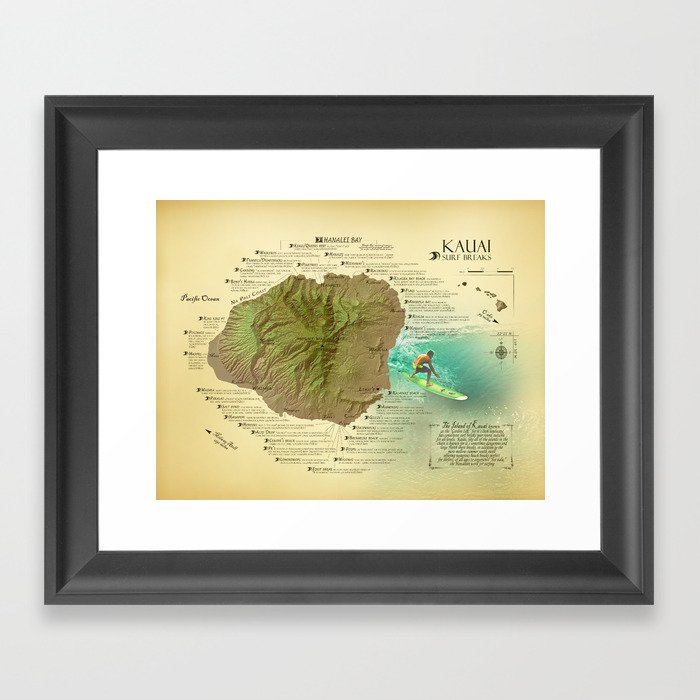 Kauai Surf Break Map Framed Art Print