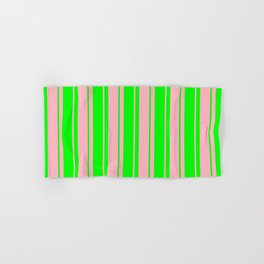 [ Thumbnail: Lime and Light Pink Colored Lines Pattern Hand & Bath Towel ]