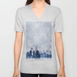 Dallas Skyline & Map Watercolor Navy Blue, Print by Zouzounio Art V Neck T Shirt