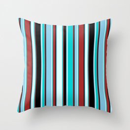 [ Thumbnail: Brown, Dark Turquoise, Light Cyan, Sky Blue, and Black Colored Lines/Stripes Pattern Throw Pillow ]
