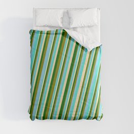 [ Thumbnail: Turquoise, Beige, Dark Green, Green & Sky Blue Colored Pattern of Stripes Comforter ]
