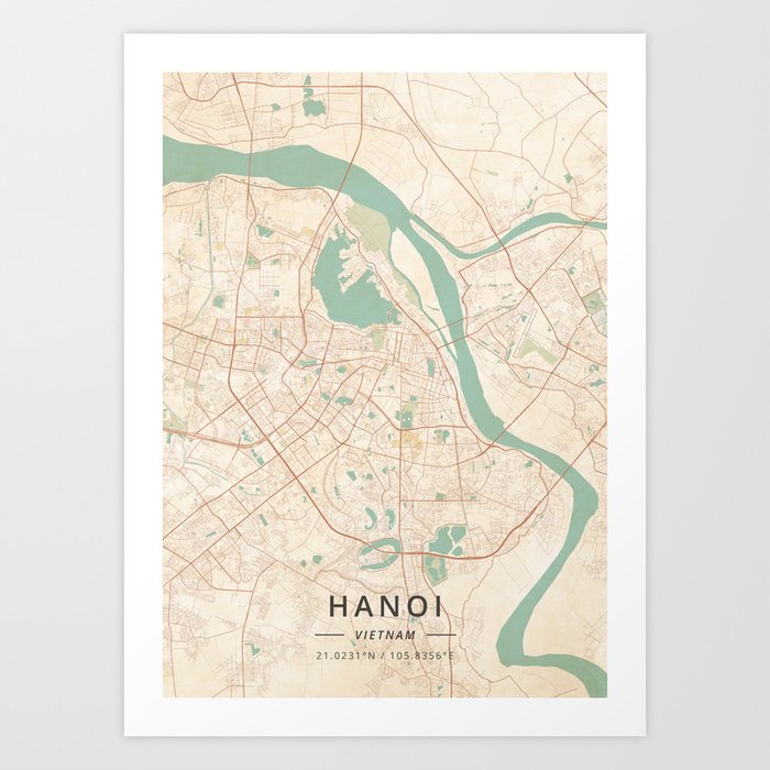 Hanoi, Vietnam - Vintage Map Art Print