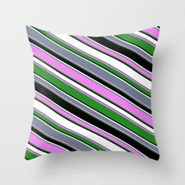 [ Thumbnail: Vibrant Slate Gray, Violet, Forest Green, Black, and White Colored Stripes Pattern Throw Pillow ]