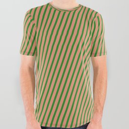[ Thumbnail: Forest Green and Dark Salmon Colored Striped Pattern All Over Graphic Tee ]