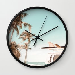 Retro Camper Van with Surfboard at the Beach Wall Clock