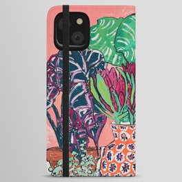 Cluster of Houseplants and Proteas on Pink Still Life Painting iPhone Wallet Case