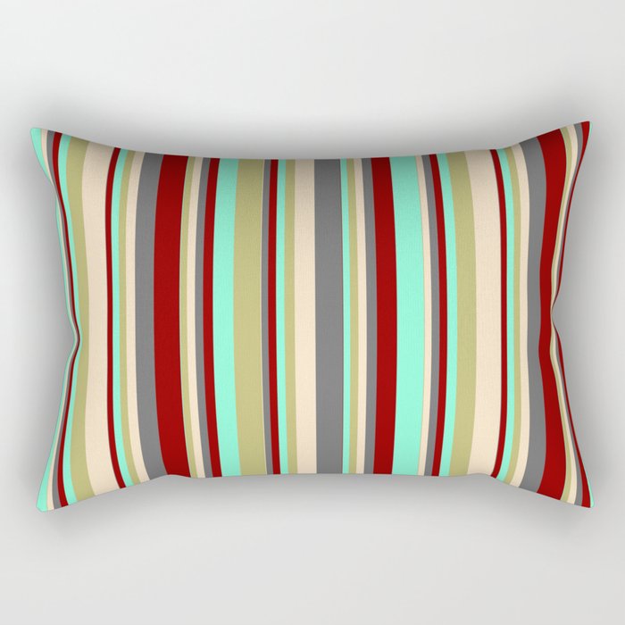 Aquamarine, Dark Khaki, Bisque, Dim Gray & Dark Red Colored Striped/Lined Pattern Rectangular Pillow