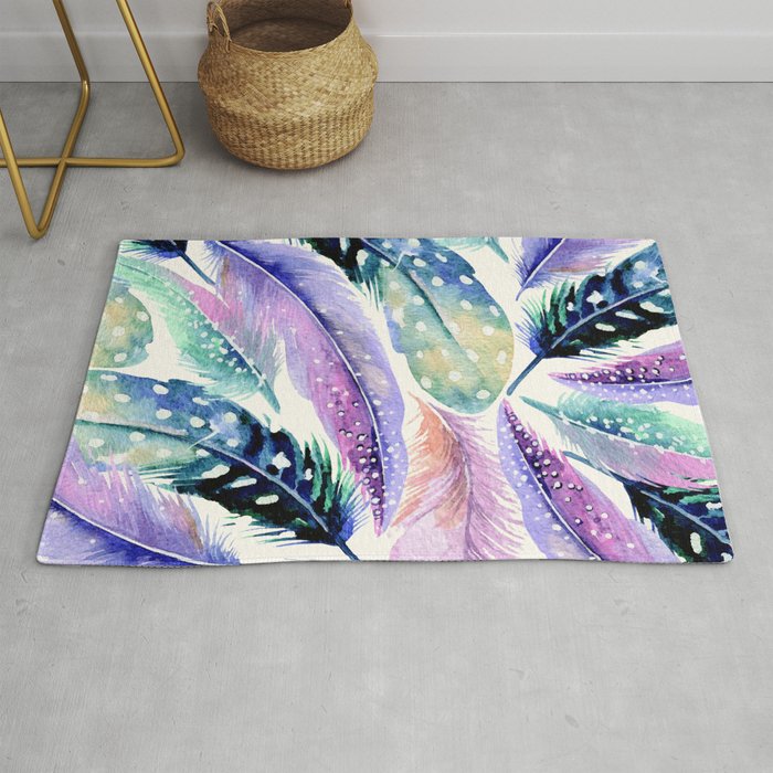 Wild Feathers, Bohemian Eclectic Colorful Jungle Watercolor Painting, Whimsical Quirky Wildlife Rug