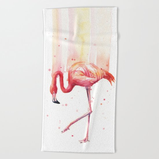 Pink Flamingo Watercolor | Pink Rain Beach Towel