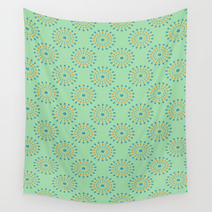 SPLASH RETRO ABSTRACT in BLUE AND ORANGE ON MINT GREEN Wall Tapestry
