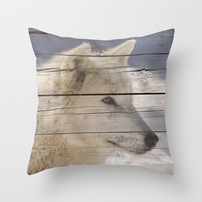 Aries the White Wolf Portrait on Faux Weathered Wood Texture Throw Pillow