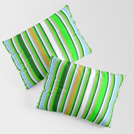 [ Thumbnail: Eyecatching Lime, Goldenrod, Light Sky Blue, White, and Dark Green Colored Pattern of Stripes Pillow Sham ]