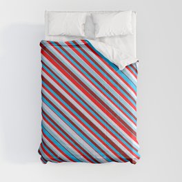 [ Thumbnail: Eyecatching Sky Blue, Dark Red, Deep Sky Blue, Red & Lavender Colored Lines/Stripes Pattern Comforter ]