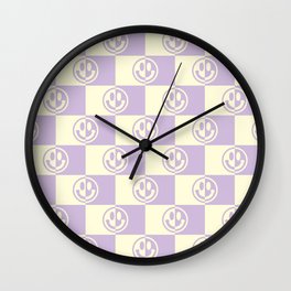 Smiley Faces On Checkerboard (Yellow Beige & Lilac)  Wall Clock